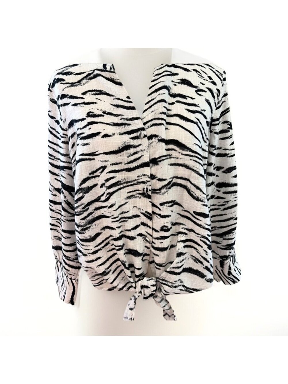 INC  Women's Tie Front Down Shirt Size S Zebra 100% Cotton Relaxed Beachy Boho